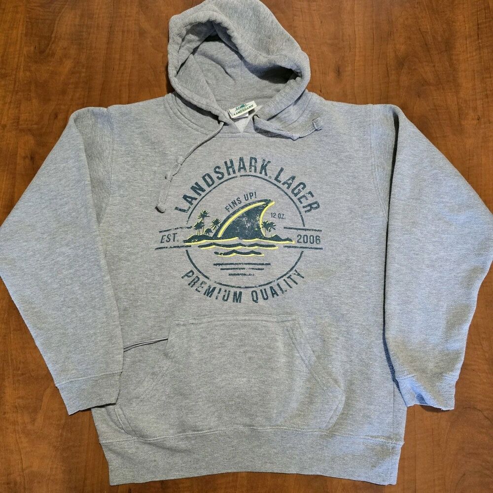 Landshark Lager Long Sleeve Graphic Print Built In Beer Koozie Fins Up Hoodie S
